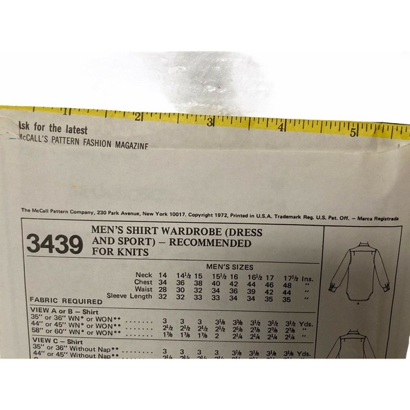 McCALL'S 3439 Vintage Sewing Pattern Men's Shirt Wardrobe Dress and Sport Sz 40 - Picture 3 of 5